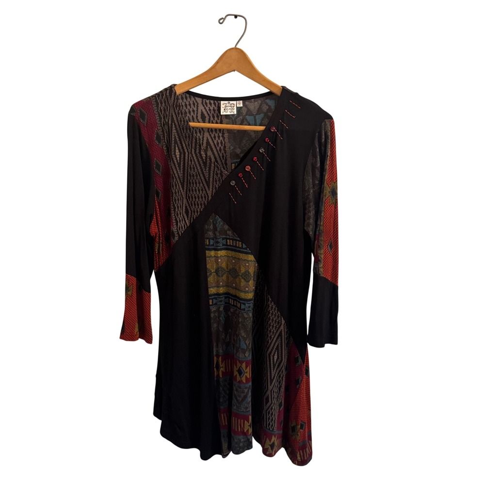 Parsley & Sage Women L Patchwork Tunic Top Mixed Print Asymmetric Boho V-Neck